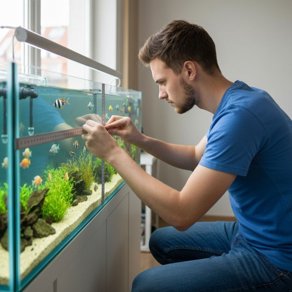 Person measuring fish tank dimensions accurately for volume calculation