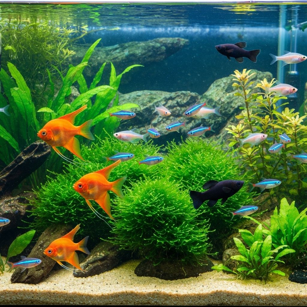 Properly stocked community aquarium with various tropical fish